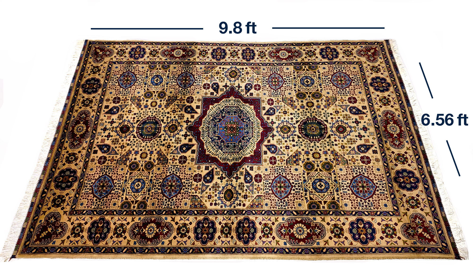 Mamloky 7 Color carpet, Mazar Sharif hand woven carpet, 50/50 texture, Made of pure wool Size: 9,8 x 6.56 ft
