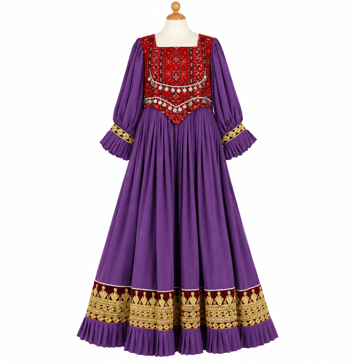 Afghan Traditional Dress for Women – Purple Long Embroidered Gown with Red Bodice, Gold Trim & Coin Embellishments
