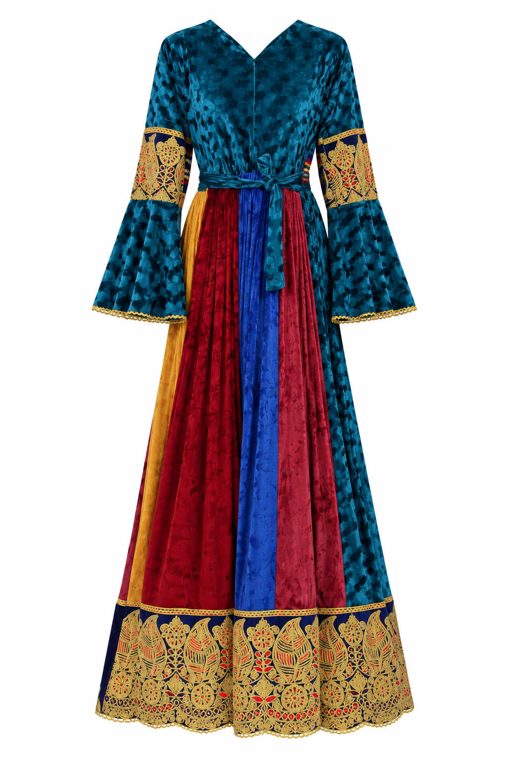 Afghan Traditional Dress for Women – Purple Long Embroidered Gown with Red Bodice, Gold Trim & Coin Embellishments