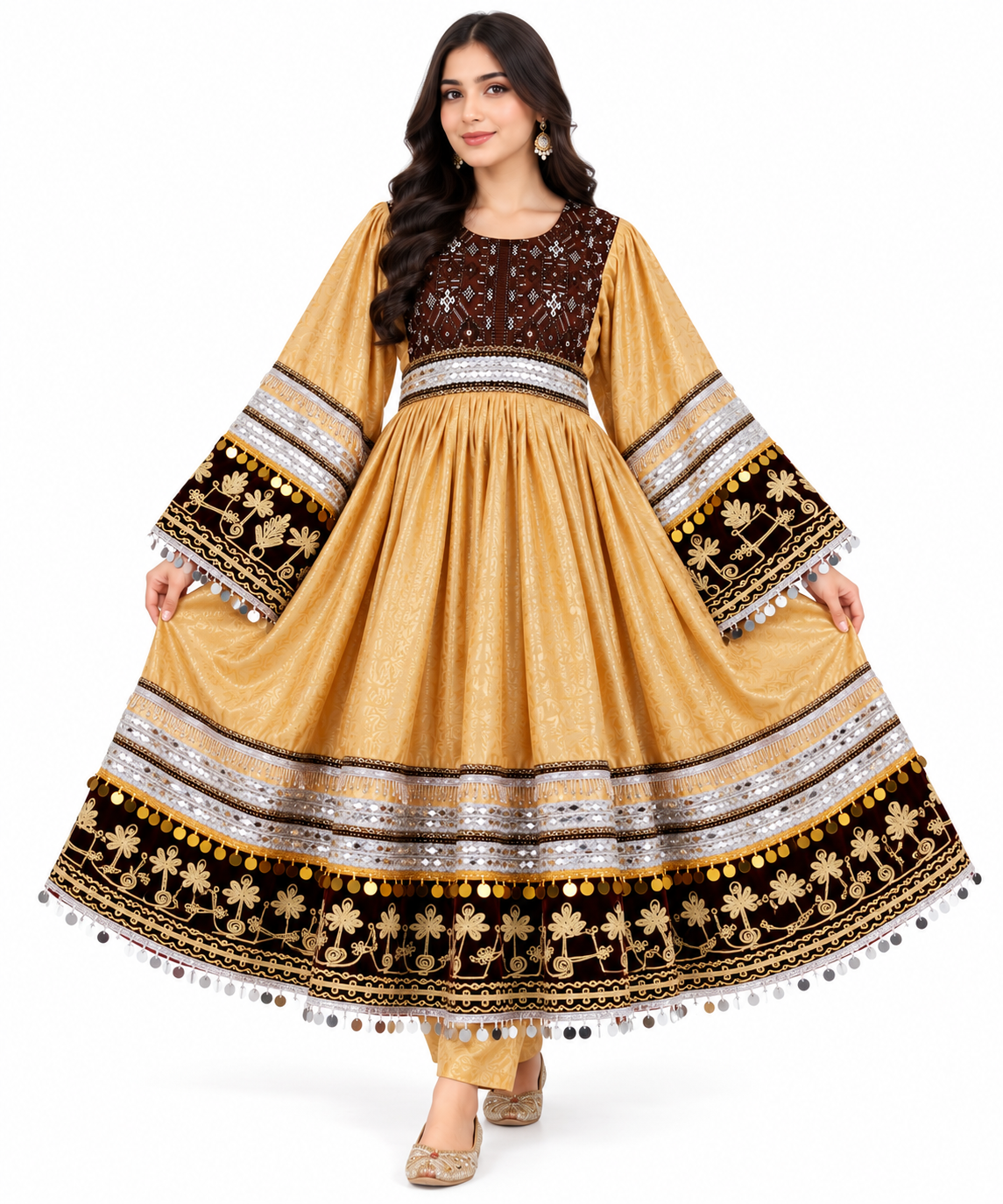 Traditional Afghan Gold & Brown Embroidered Dress for Women – Handmade Afghan Cultural Dress with Metallic Trim & Coin Details