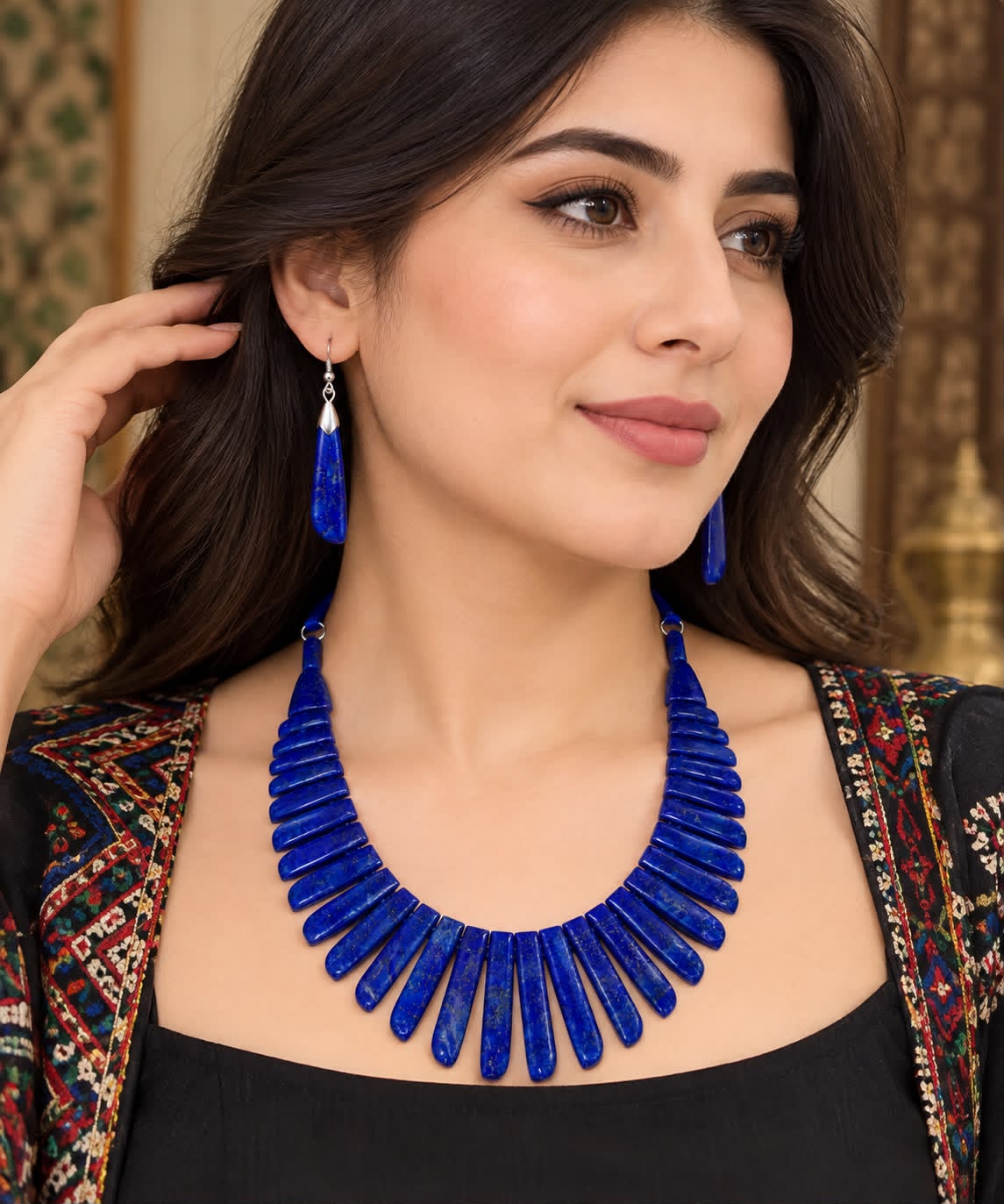 Afghan Lapis Lazuli Stone Necklace & Matching Earrings – Handmade Blue Stone Jewelry Set for Women