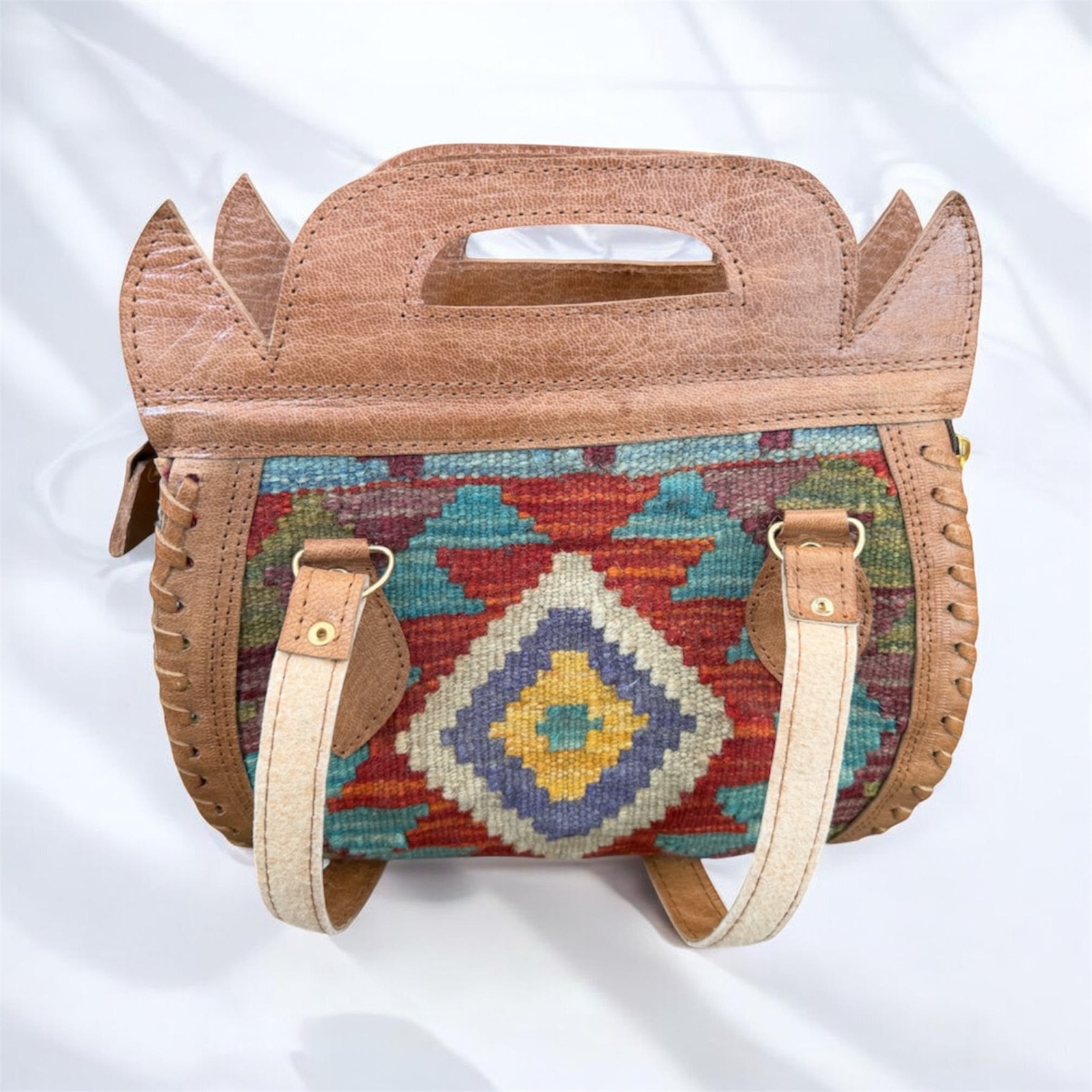 Handmade Afghan Kilim Leather Handbag – Traditional Multicolor Tribal Tote Bag for Women