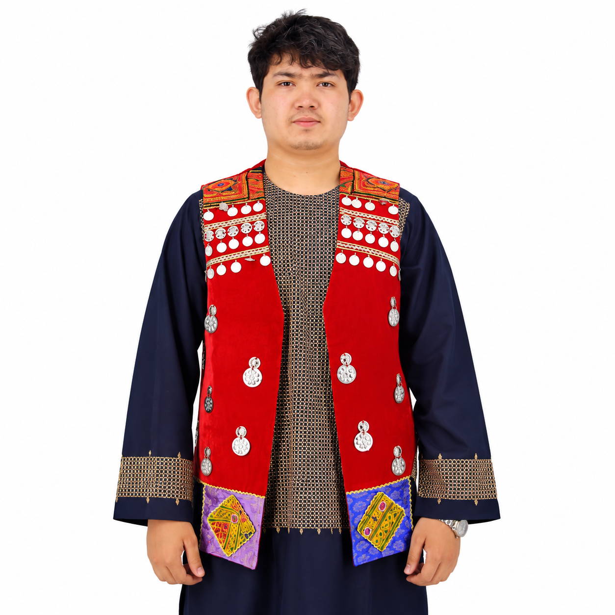 Traditional Afghan Men’s Red Embroidered Waistcoat with Navy Shalwar Kameez – Handmade Cultural Outfit
