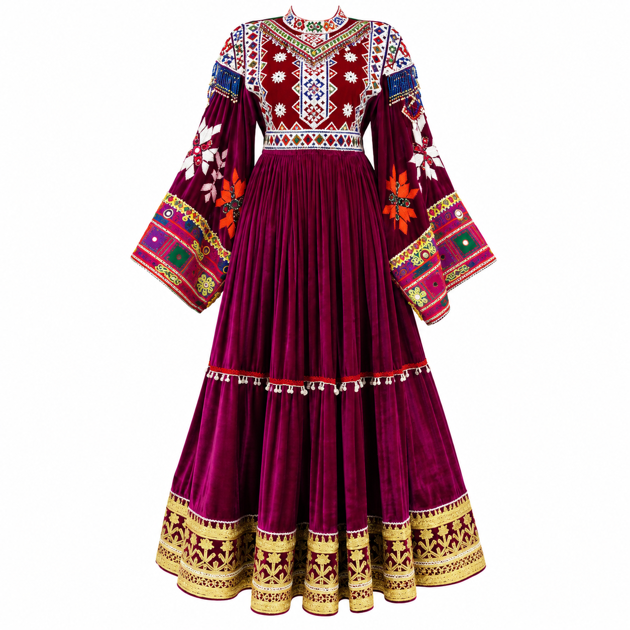 Traditional Afghan Burgundy Velvet Embroidered Dress for Women – Handmade Cultural Gown with Colorful Embroide