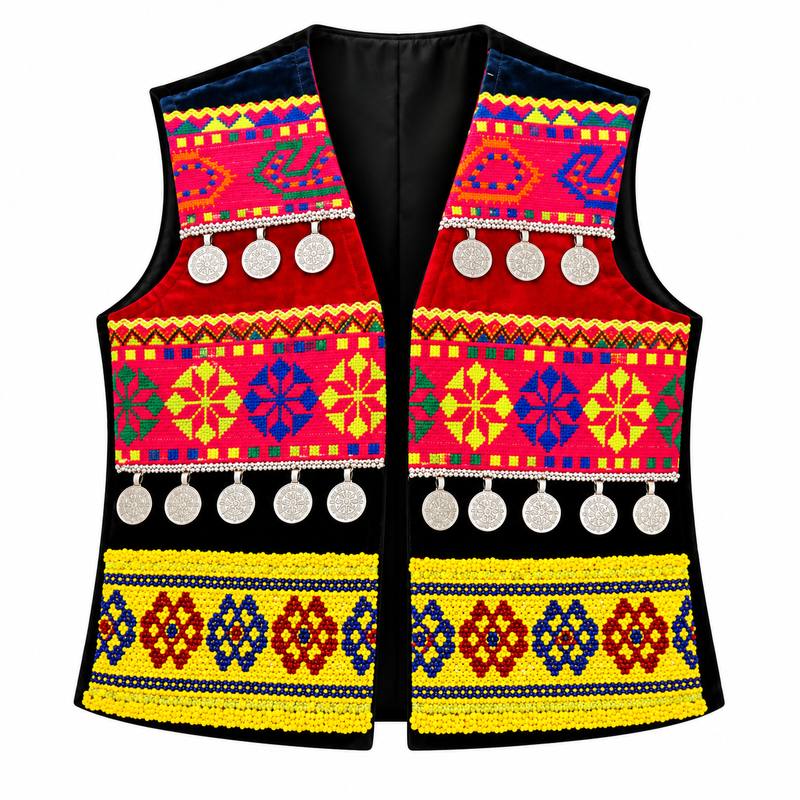 Handmade Afghan Traditional Embroidered Vest – Colorful Ethnic Waistcoat with Decorative Coins