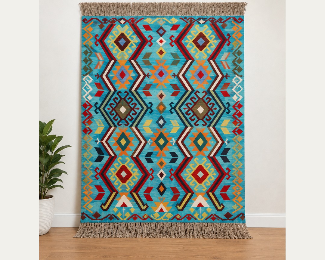 Handwoven Afghan Kilim Rug – Traditional Geometric Design in Turquoise & Multicolor, Handmade Wool Carpet