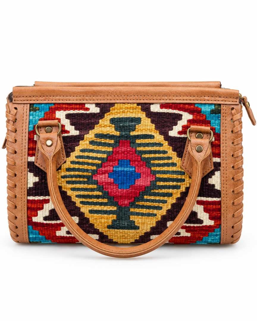 Handmade Afghan Kilim Handbag with Colorful Traditional Geometric Patterns and Genuine Leather Trim  Multicolor Woven Tote Bag