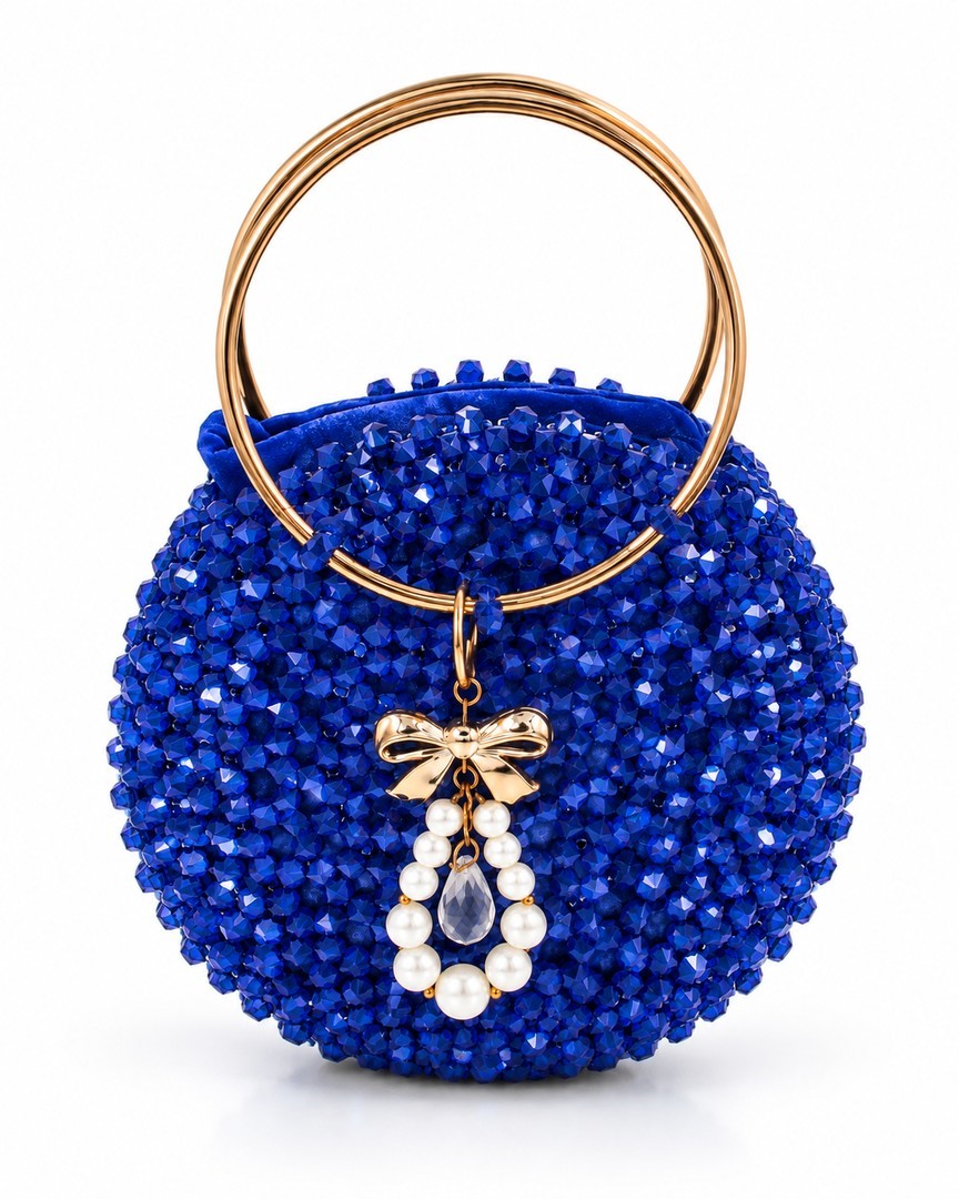 Elegant Blue Beaded Round Evening Clutch Bag with Gold Ring Handles